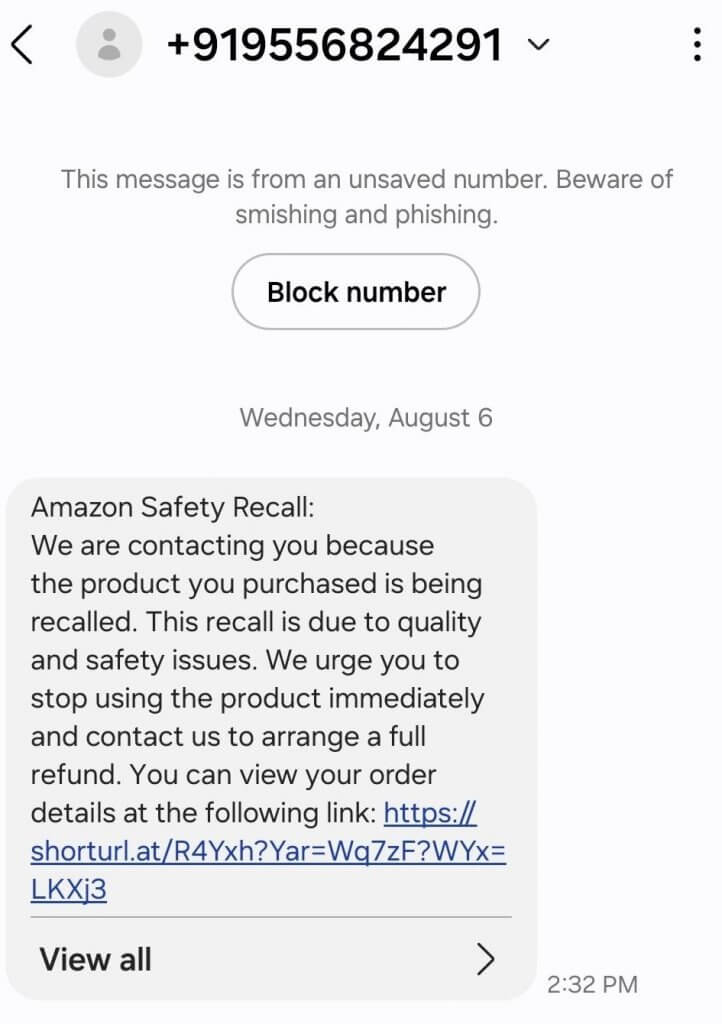 Amazon Recall Smishing Scam