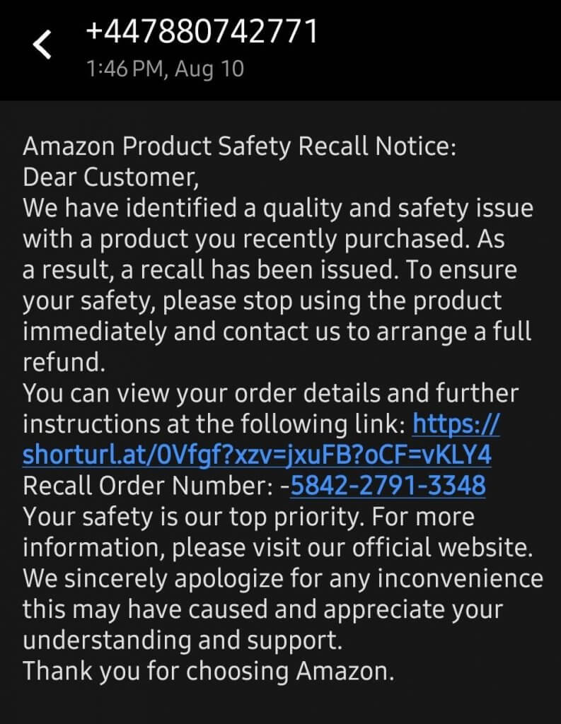 Amazon Recall Smishing Scam