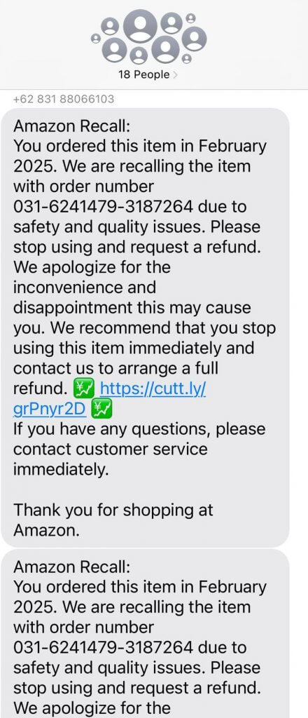 Amazon Recall Smishing Scam