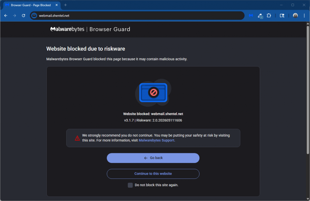 False Alerts for Shentel Webmail